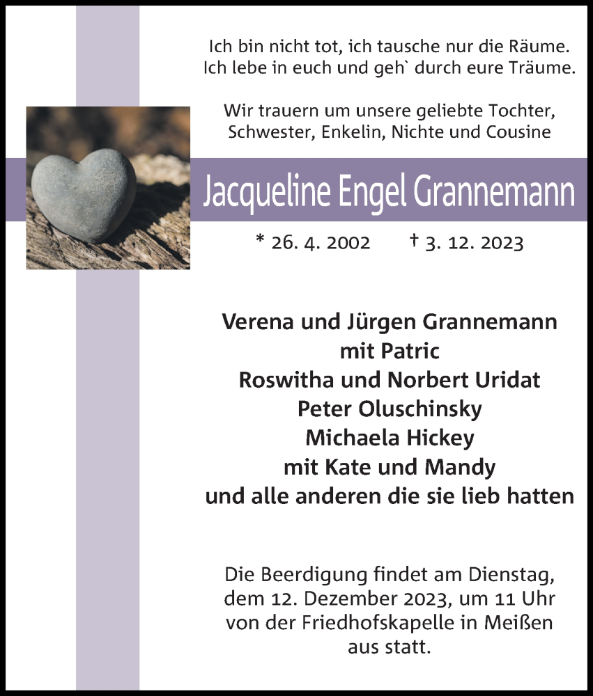  Traueranzeige für Jacqueline Grannemann vom 09.12.2023 aus 4401