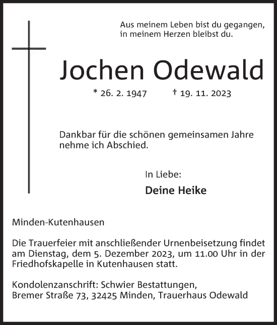Anzeige von Jochen Odewald von Mindener Tageblatt