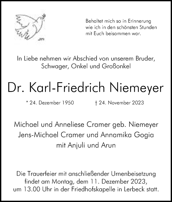 Anzeige von Karl-Friedrich Niemeyer von Mindener Tageblatt