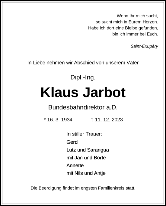 Anzeige von Klaus Jarbot von 4401