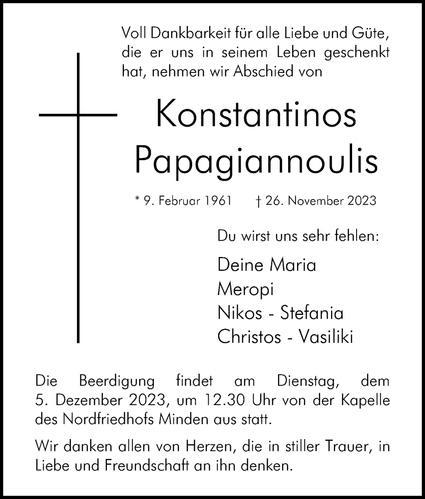  Traueranzeige für Konstantinos Papagiannoulis vom 02.12.2023 aus Mindener Tageblatt