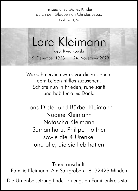 Anzeige von Lore Kleimann von Mindener Tageblatt