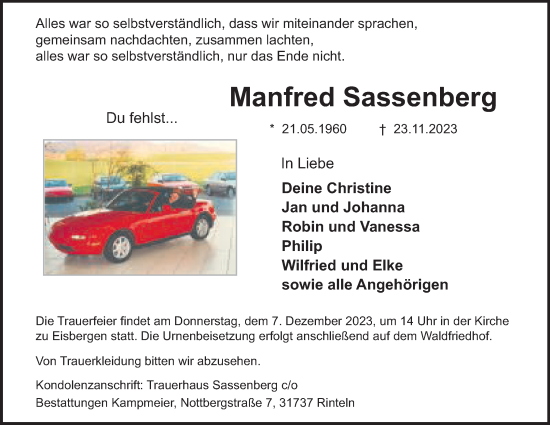 Anzeige von Manfred Sassenberg von Mindener Tageblatt