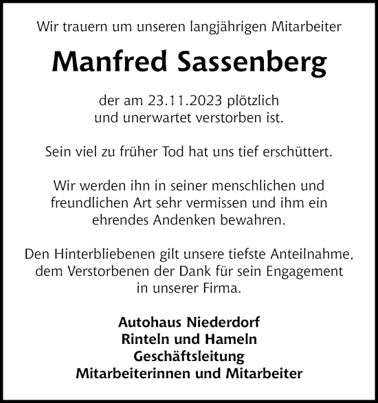 Anzeige von Manfred Sassenberg von Mindener Tageblatt