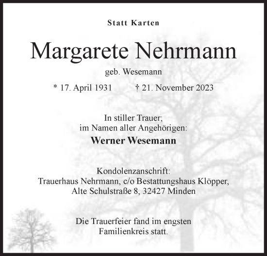 Anzeige von Margarete Nehrmann von Mindener Tageblatt