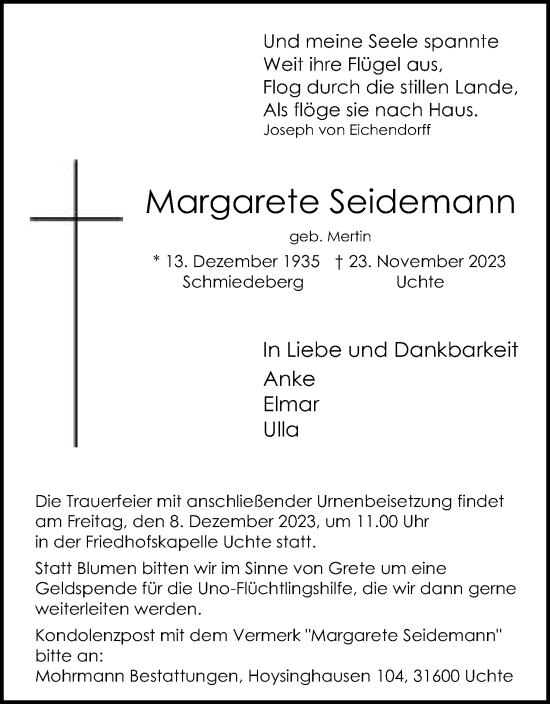 Anzeige von Margarete Seidemann von Mindener Tageblatt