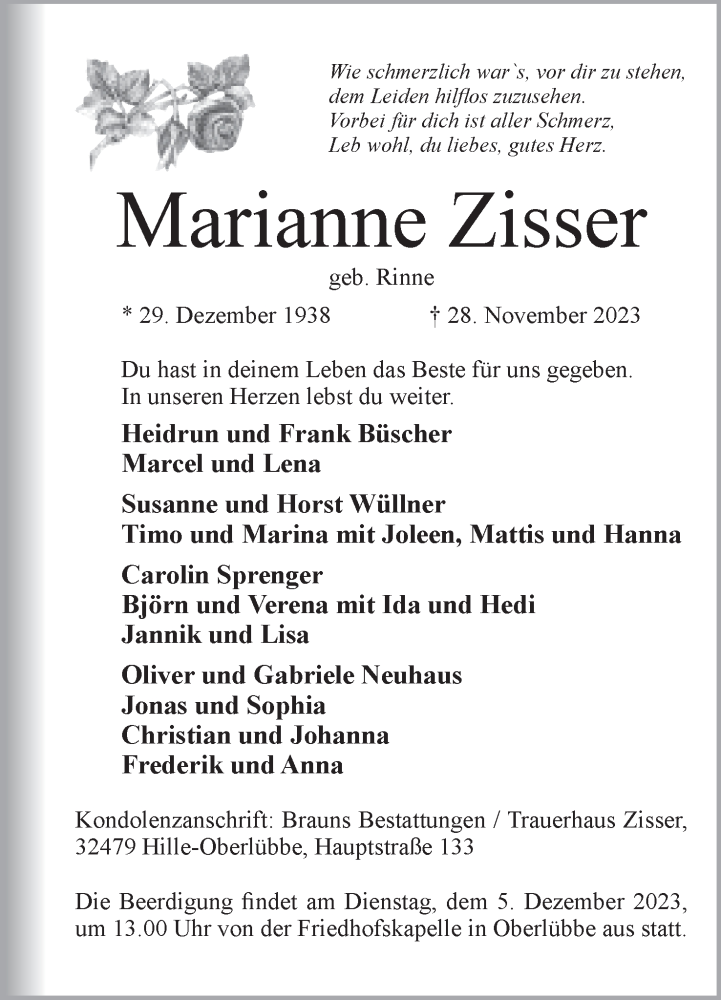  Traueranzeige für Marianne Zisser vom 02.12.2023 aus Mindener Tageblatt