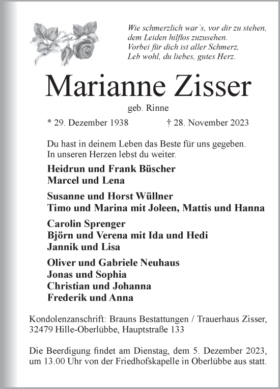 Anzeige von Marianne Zisser von Mindener Tageblatt