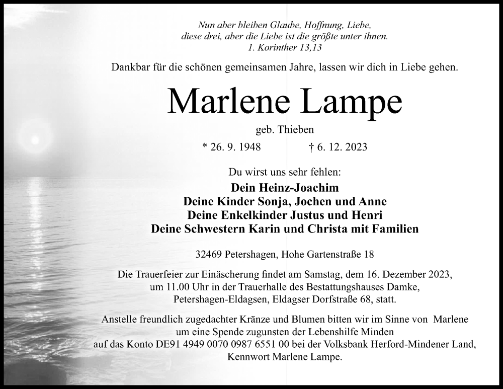  Traueranzeige für Marlene Lampe vom 09.12.2023 aus 4401