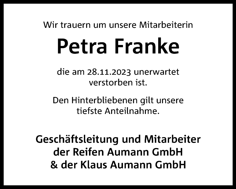  Traueranzeige für Petra Franke vom 09.12.2023 aus 4401