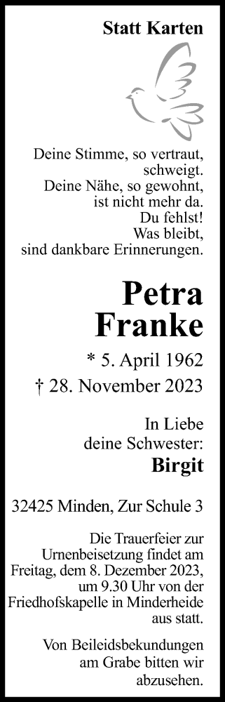  Traueranzeige für Petra Franke vom 02.12.2023 aus Mindener Tageblatt
