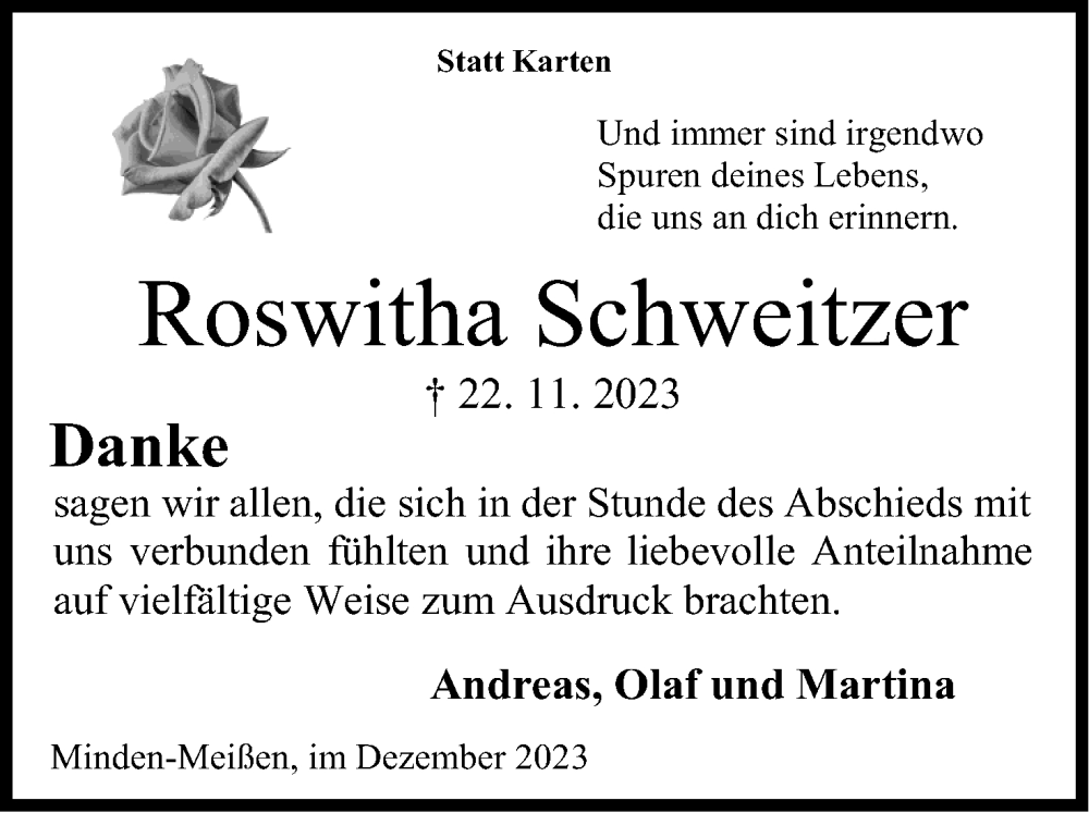  Traueranzeige für Roswitha Schweitzer vom 23.12.2023 aus 4401