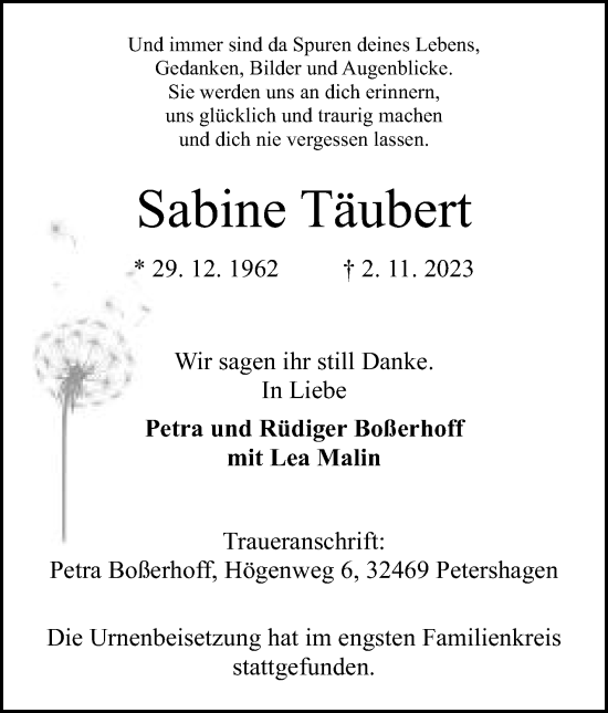 Anzeige von Sabine Täubert von Mindener Tageblatt