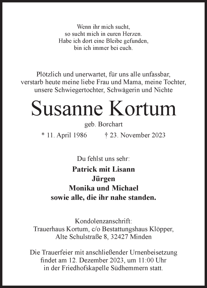  Traueranzeige für Susanne Kortum vom 02.12.2023 aus Mindener Tageblatt