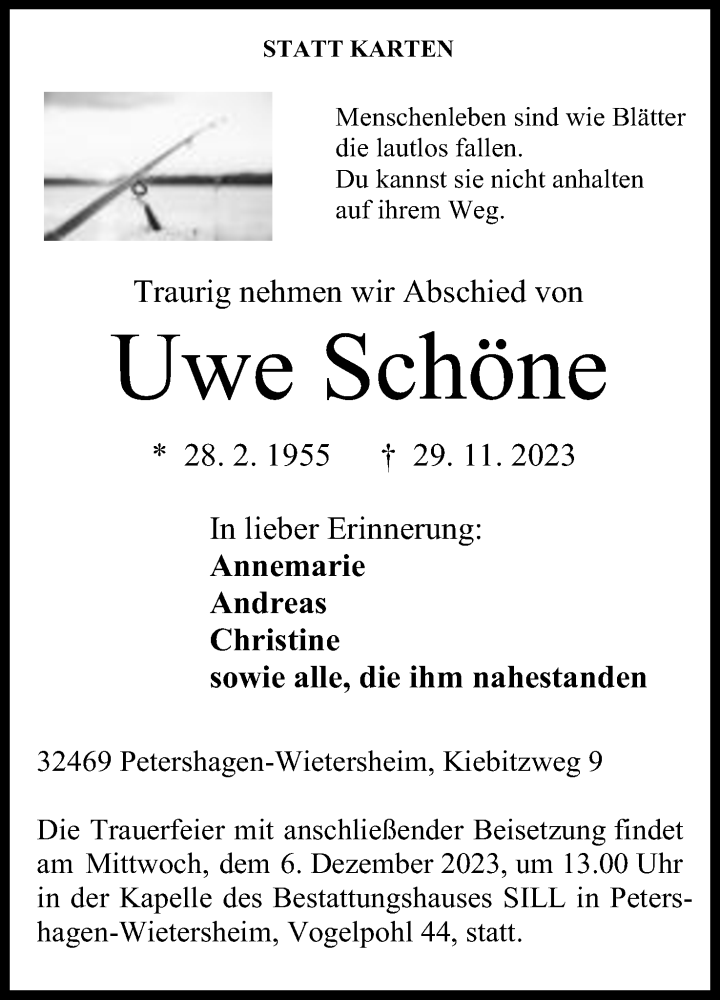  Traueranzeige für Uwe Schöne vom 02.12.2023 aus Mindener Tageblatt