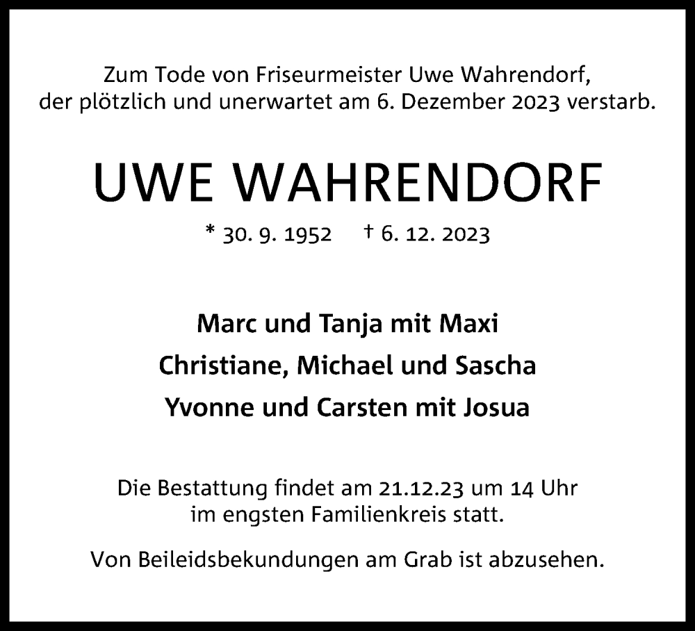  Traueranzeige für Uwe Wahrendorf vom 16.12.2023 aus 4401