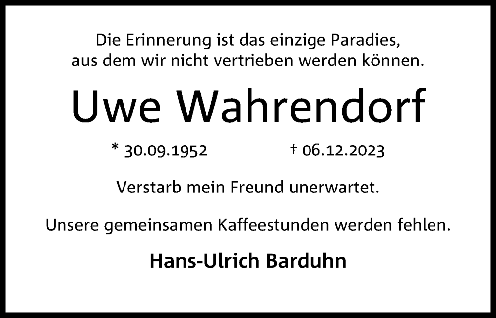 Traueranzeige für Uwe Wahrendorf vom 19.12.2023 aus 4401