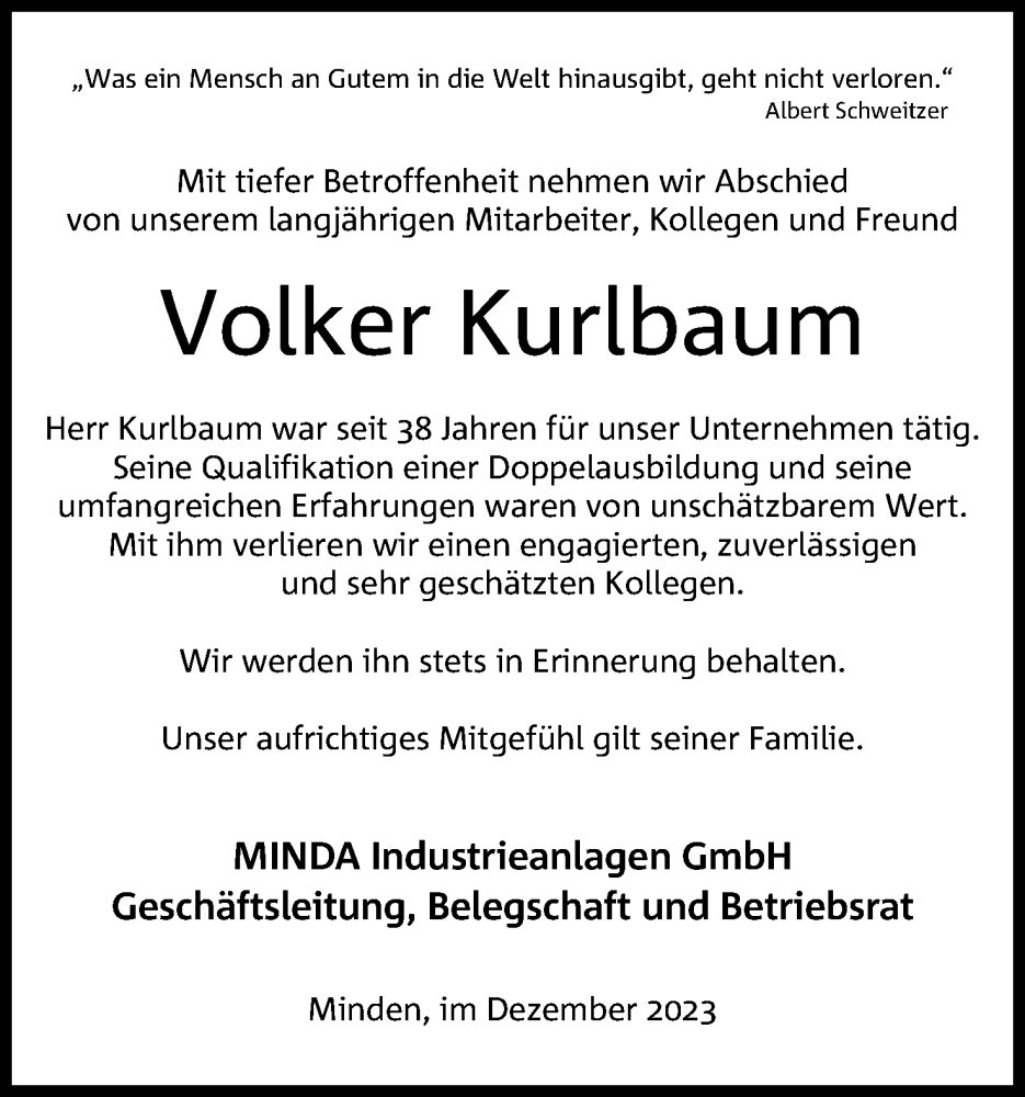  Traueranzeige für Volker Kurlbaum vom 09.12.2023 aus 4401