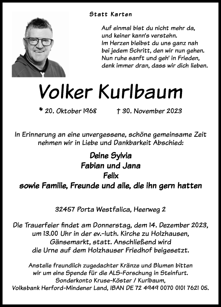 Traueranzeige für Volker Kurlbaum vom 09.12.2023 aus 4401