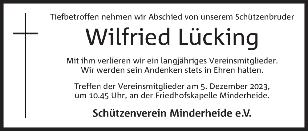  Traueranzeige für Wilfried Lücking vom 02.12.2023 aus Mindener Tageblatt