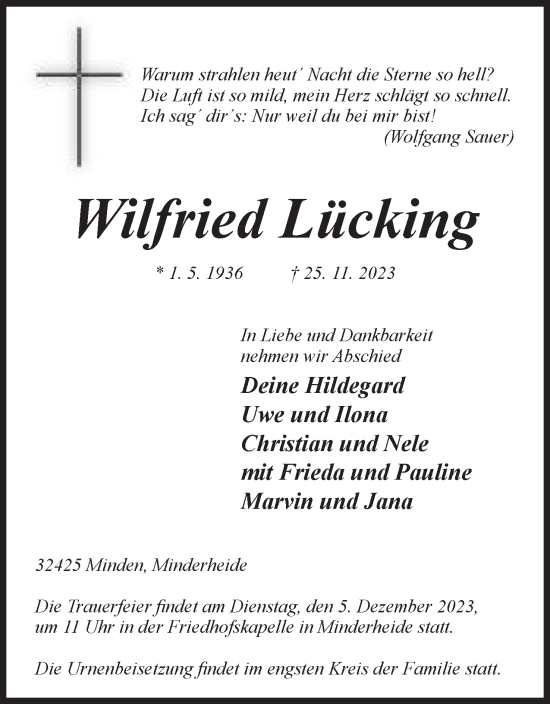 Anzeige von Wilfried Lücking von Mindener Tageblatt