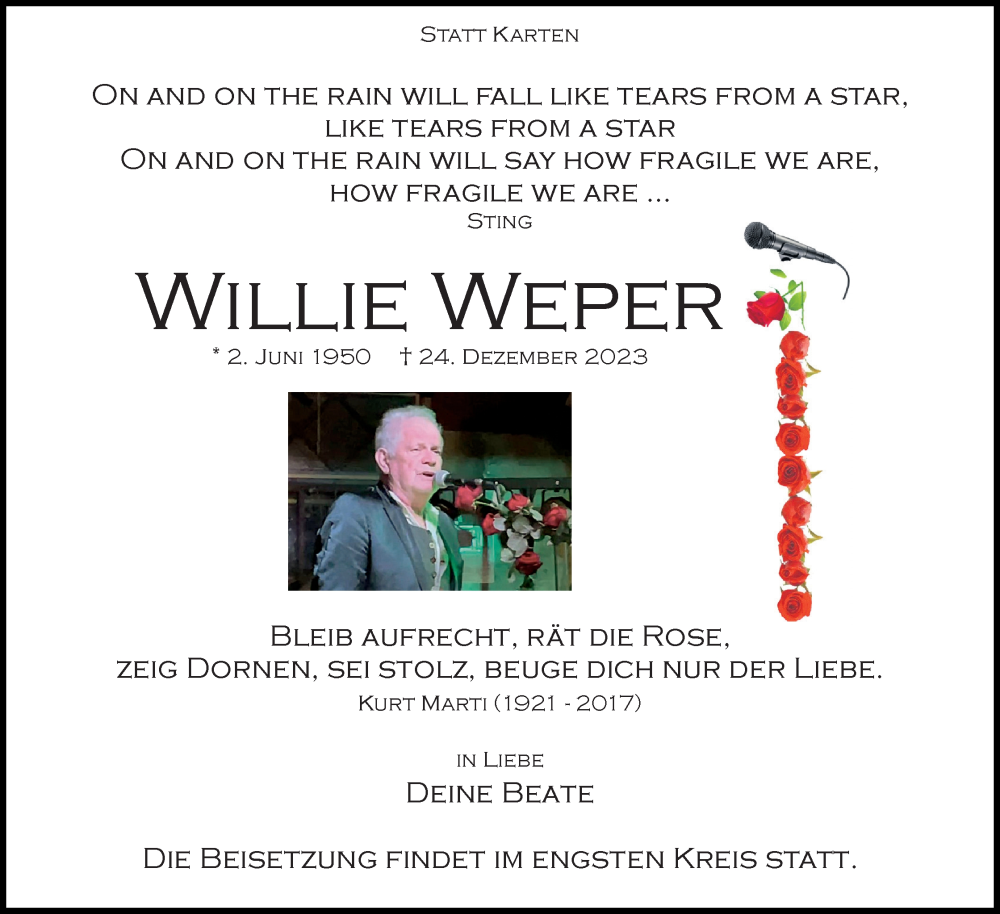  Traueranzeige für Willi Weper vom 30.12.2023 aus 4401