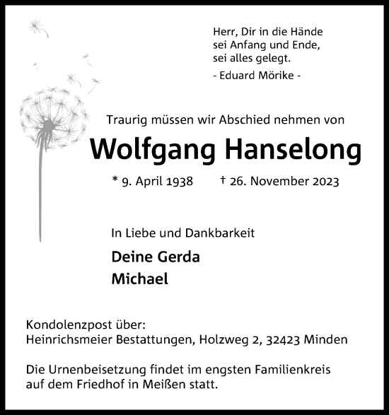 Anzeige von Wolfgang Hanselong von 4401