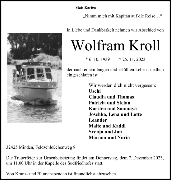 Anzeige von Wolfram Kroll von Mindener Tageblatt
