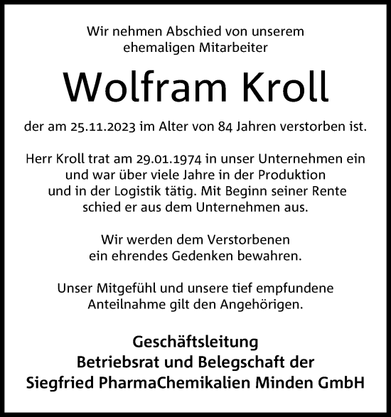 Anzeige von Wolfram Kroll von 4401