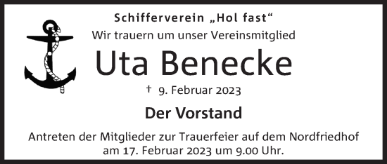 Anzeige von Uta Benecke von Mindener Tageblatt