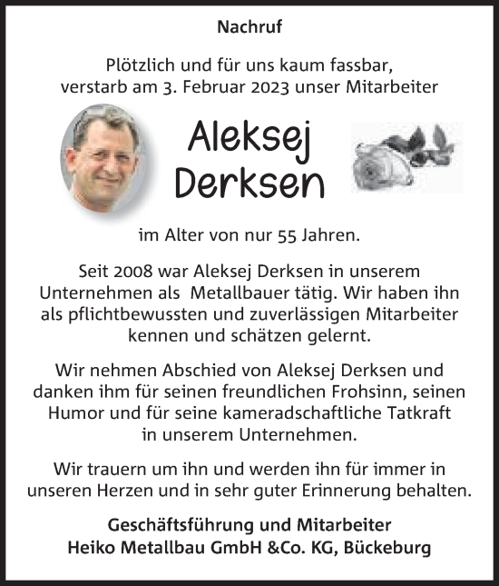 Anzeige von Aleksej Derksen von Mindener Tageblatt