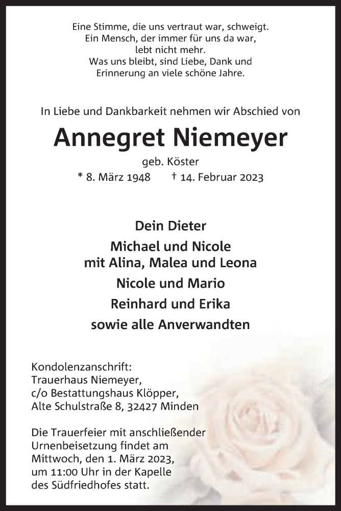  Traueranzeige für Annegret Niemeyer vom 18.02.2023 aus Mindener Tageblatt