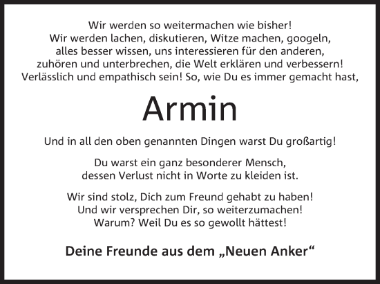 Anzeige von Armin  von Mindener Tageblatt