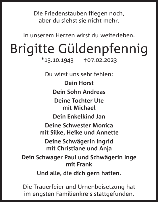 Anzeige von Brigitte Güldenpfennig von Mindener Tageblatt