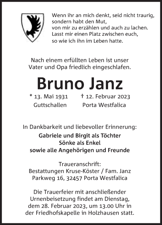 Anzeige von Bruno Janz von Mindener Tageblatt