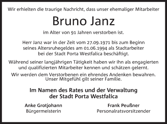 Anzeige von Bruno Janz von Mindener Tageblatt