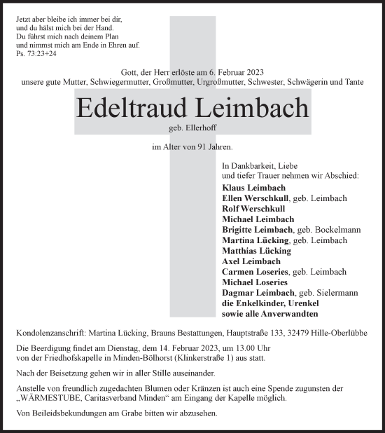 Anzeige von Edeltraud Leimbach von Mindener Tageblatt