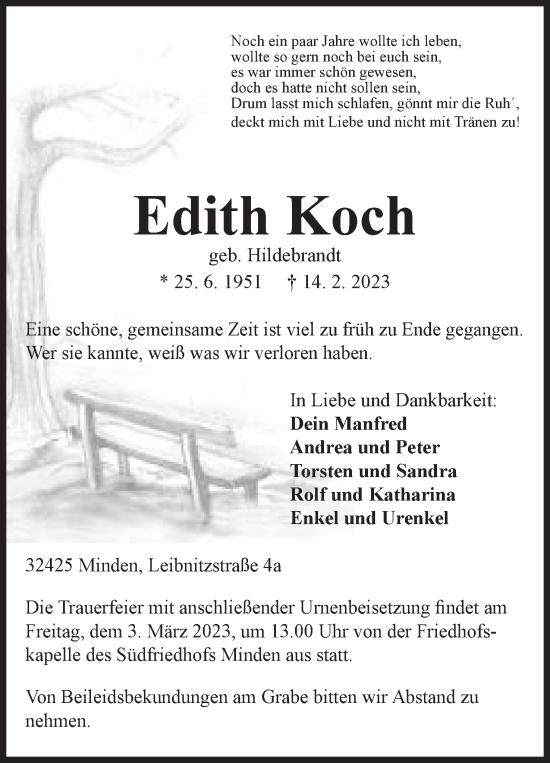 Anzeige von Edith Koch von Mindener Tageblatt