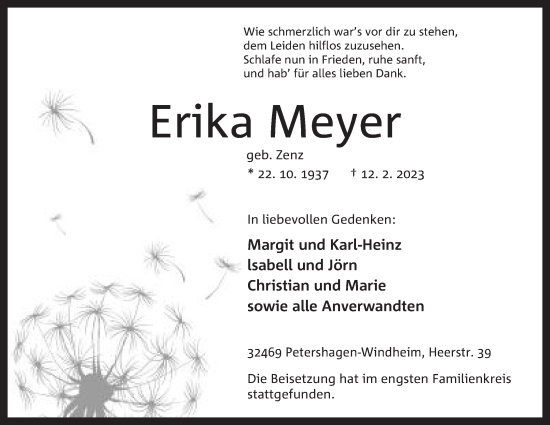 Anzeige von Erika Meyer von Mindener Tageblatt