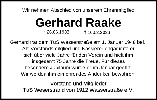 Anzeige von Gerhard Raake von Mindener Tageblatt