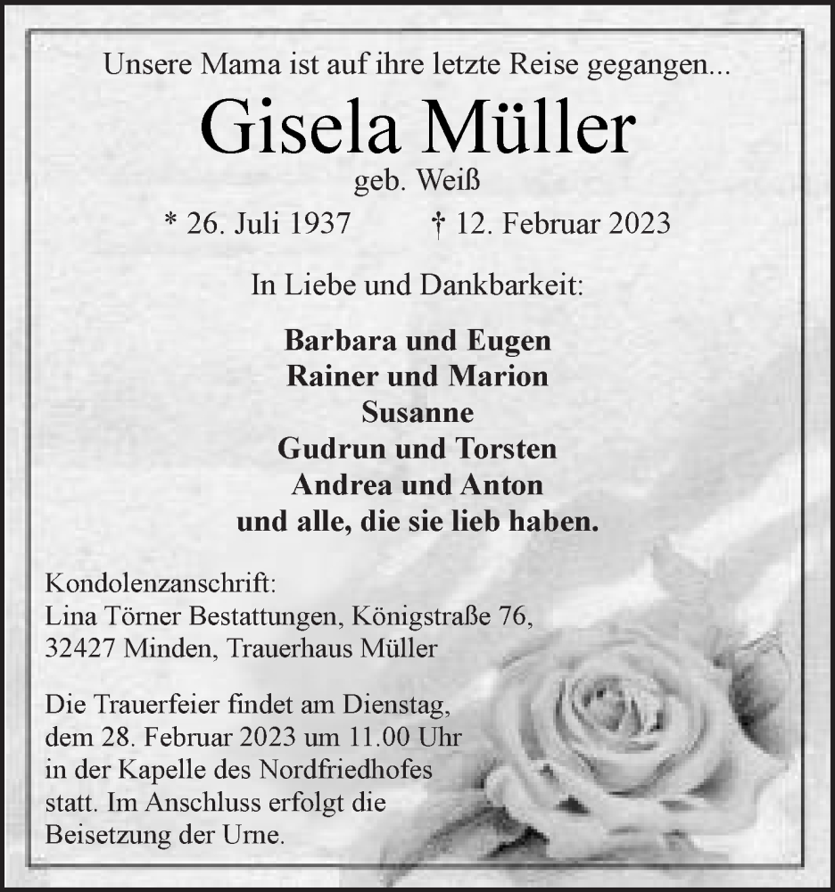  Traueranzeige für Gisela Müller vom 18.02.2023 aus Mindener Tageblatt