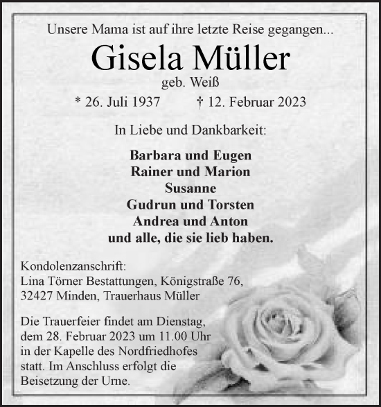 Anzeige von Gisela Müller von Mindener Tageblatt
