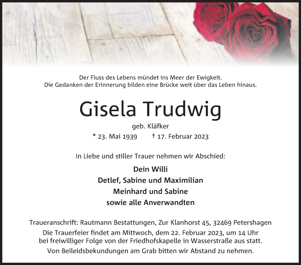  Traueranzeige für Gisela Trudwig vom 18.02.2023 aus Mindener Tageblatt