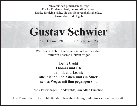 Anzeige von Gustav Schwier von Mindener Tageblatt