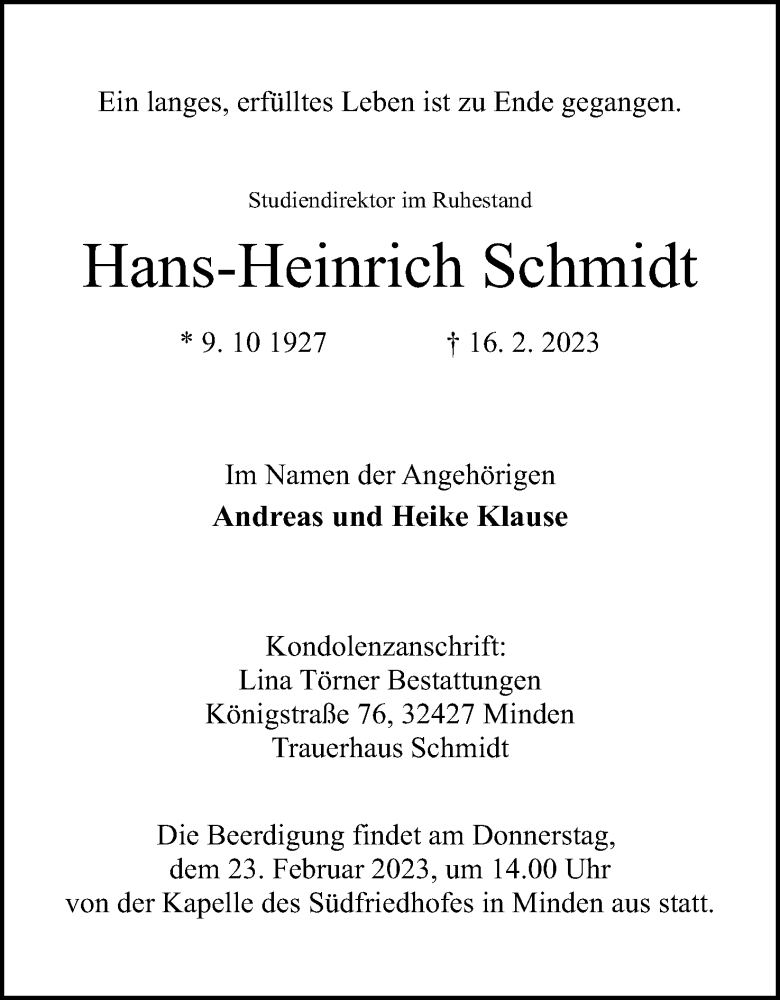  Traueranzeige für Hans-Heinrich Schmidt vom 18.02.2023 aus Mindener Tageblatt