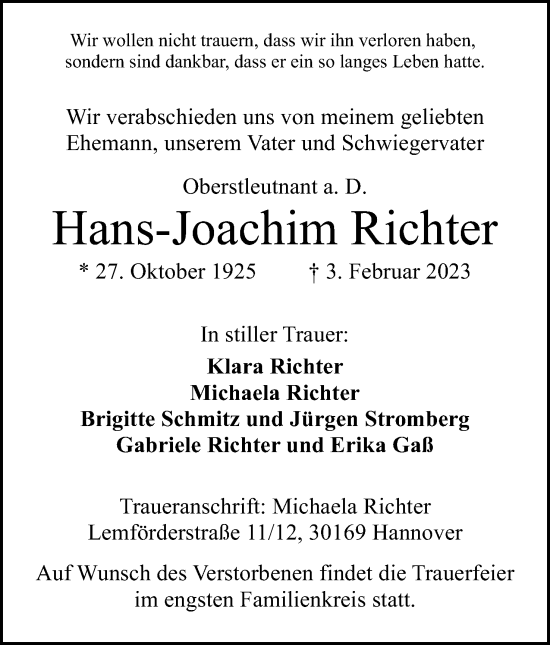 Anzeige von Hans-Joachim Richter von Mindener Tageblatt