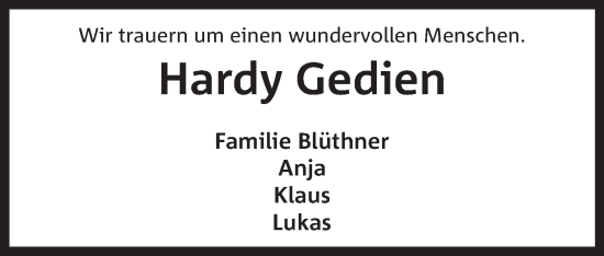 Anzeige von Hardy Gedien von Mindener Tageblatt