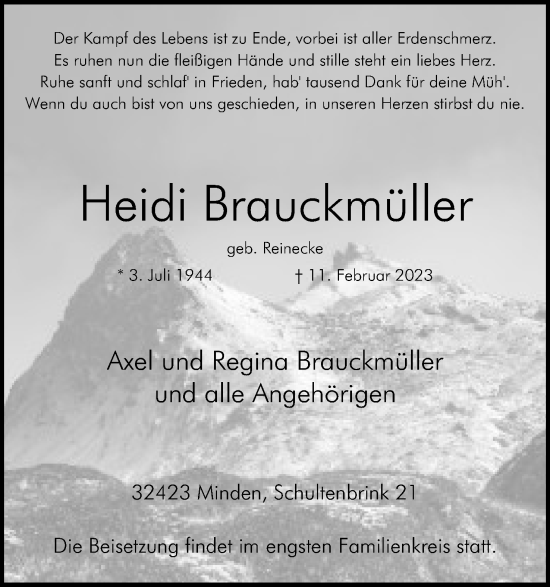 Anzeige von Heidi Brauckmüller von Mindener Tageblatt