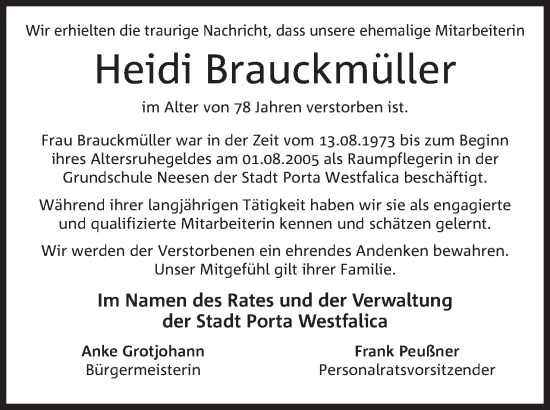 Anzeige von Heidi Brauckmüller von Mindener Tageblatt