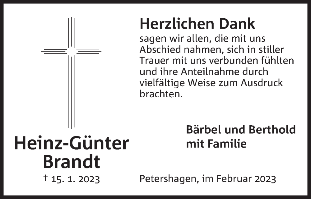  Traueranzeige für Heinz-Günter Brandt vom 11.02.2023 aus Mindener Tageblatt